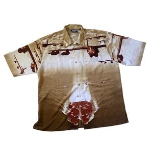 VINTAGE Southpole Shirt Mens XL Beige Aircraft Carrier All Over AOP Y2K 90’s